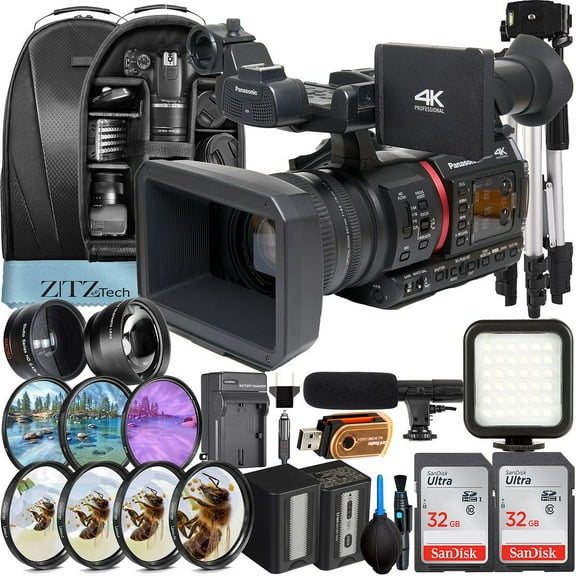 Panasonic AG-CX350 Camcorder UHD 4K with 2 Pack 32GB SanDisk Memory Card   Backpack   LED Flash   Widgeangle   ZeeTech Accessory Bundle