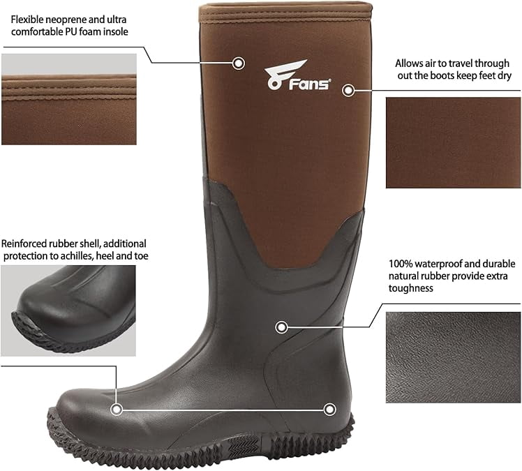 8 Fans Mens Rubber Boots,Waterproof Rain Boots Durable Fishing Hunting Neoprene Boots Ideal for Farming Working and Gardening