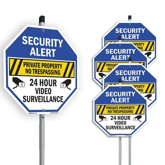 Security Alert Private Property No Trespassing 24 Hour Video Surveillance (5 Pack) 10 inch X 10 inch Octagon Plastic Signs with Aluminum Mounting Stakes Weather Resistant UV Protected