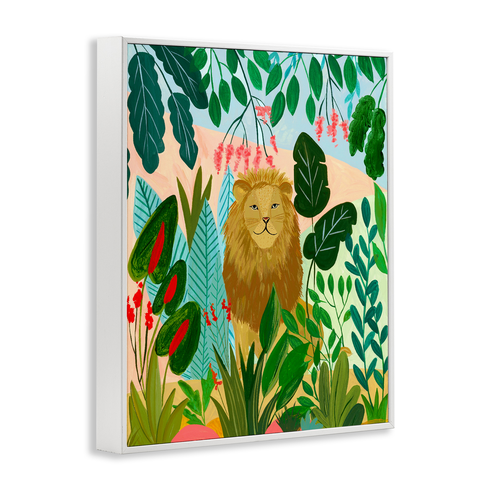 Stoic Lion Tropical Forest White Framed Giclee Art, design by Nabeela Rumi