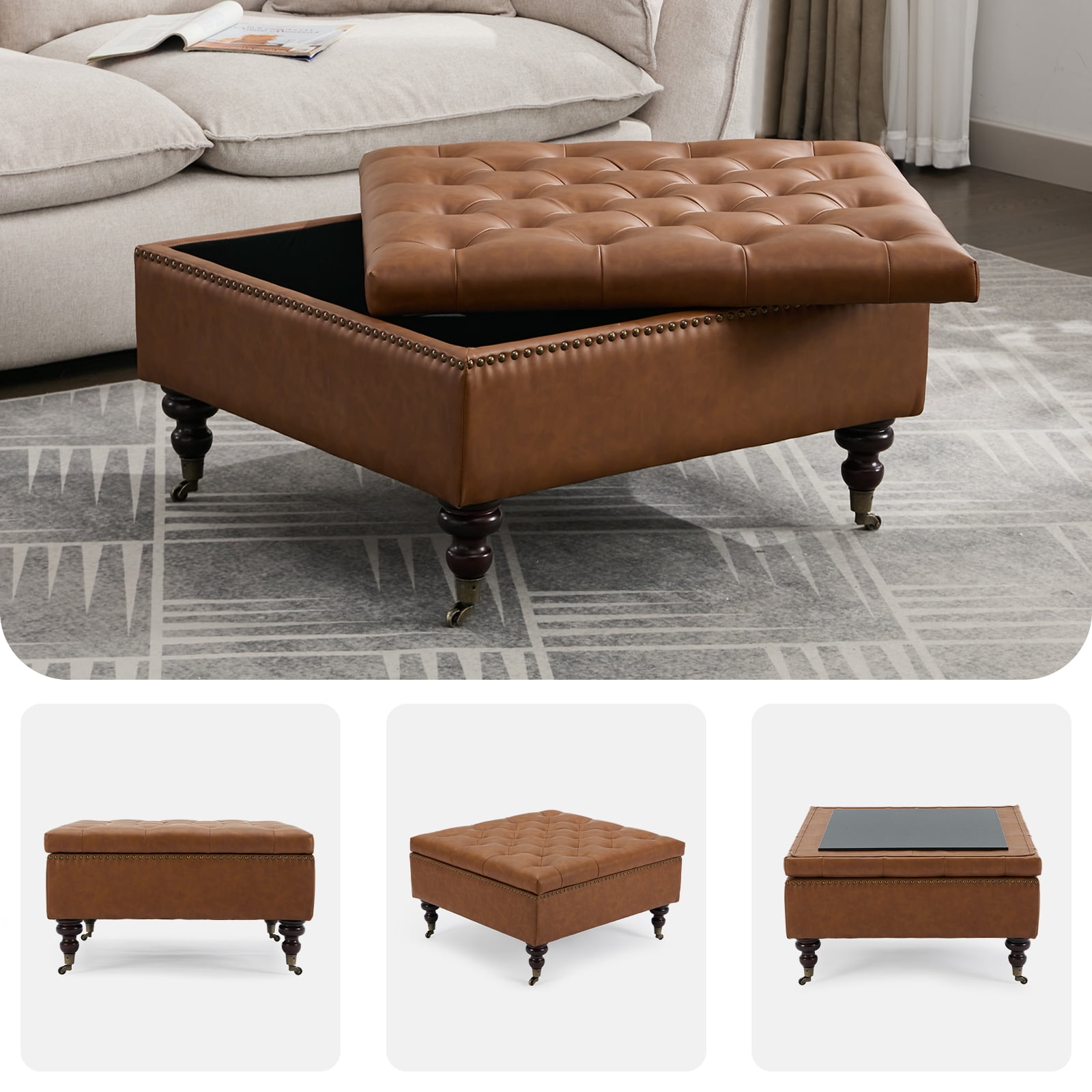 BRILHAMEZ Storage Ottoman Bench, Tufted Upholstered Seat with Hidden Storage, Multi-Functional Coffee Table and Foot Rest for Living Room, Brown