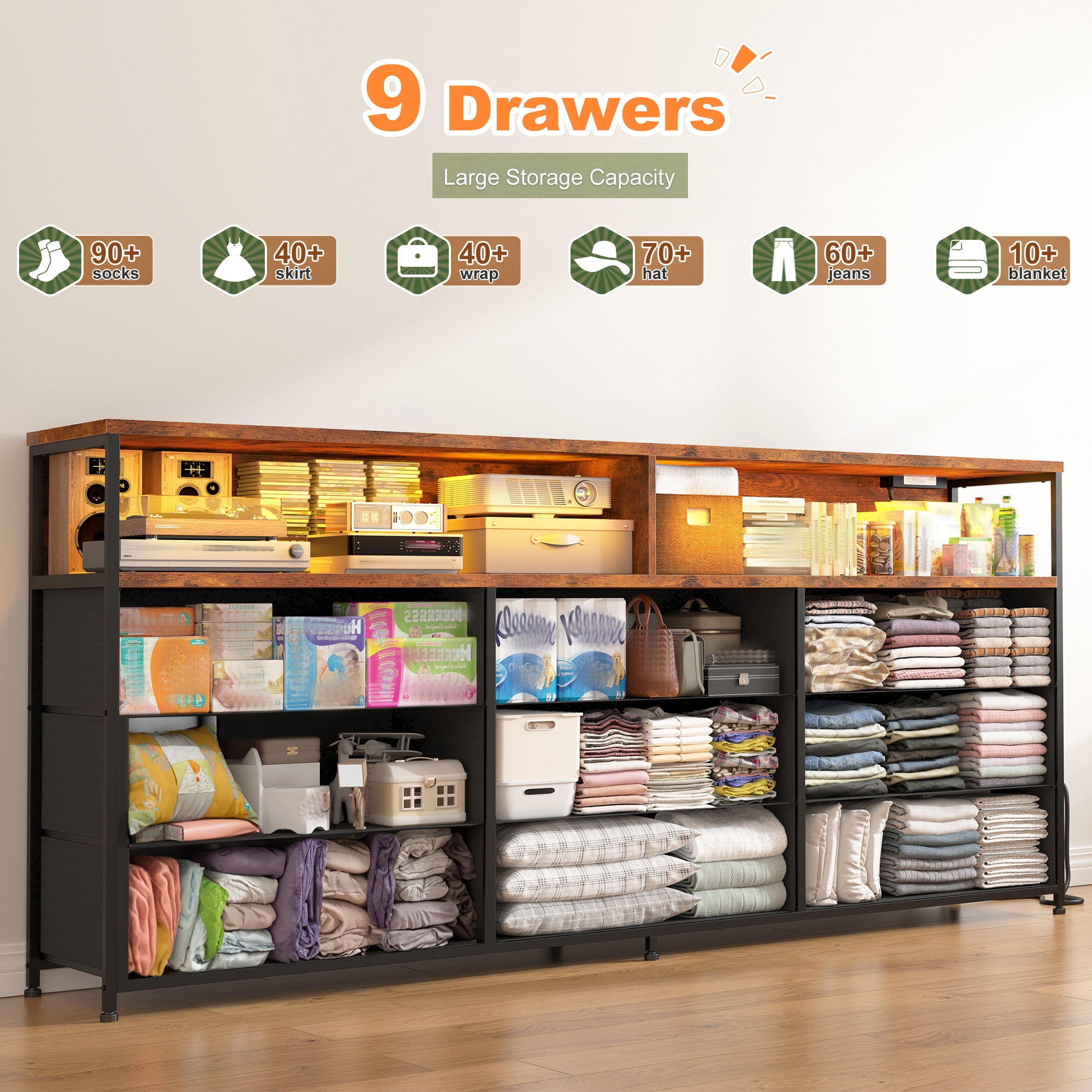 Romorgniz 9-Drawer Wide Dresser with Power Outlet & LED Lights, Fabric Chest of Drawers for Bedroom,TV Stand for 65"Screens,Rustic Brown