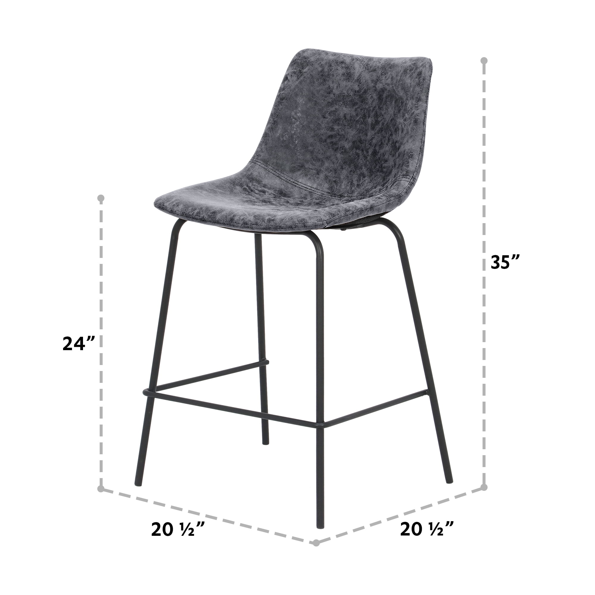 Abble 24 inch Bar Stools Set of 2, Faux Leather Bar Chair Upholstered Low Back Kitchen Counter Height Stools with Sled Base, Floor-Scratch Protection, Charcoal Gray