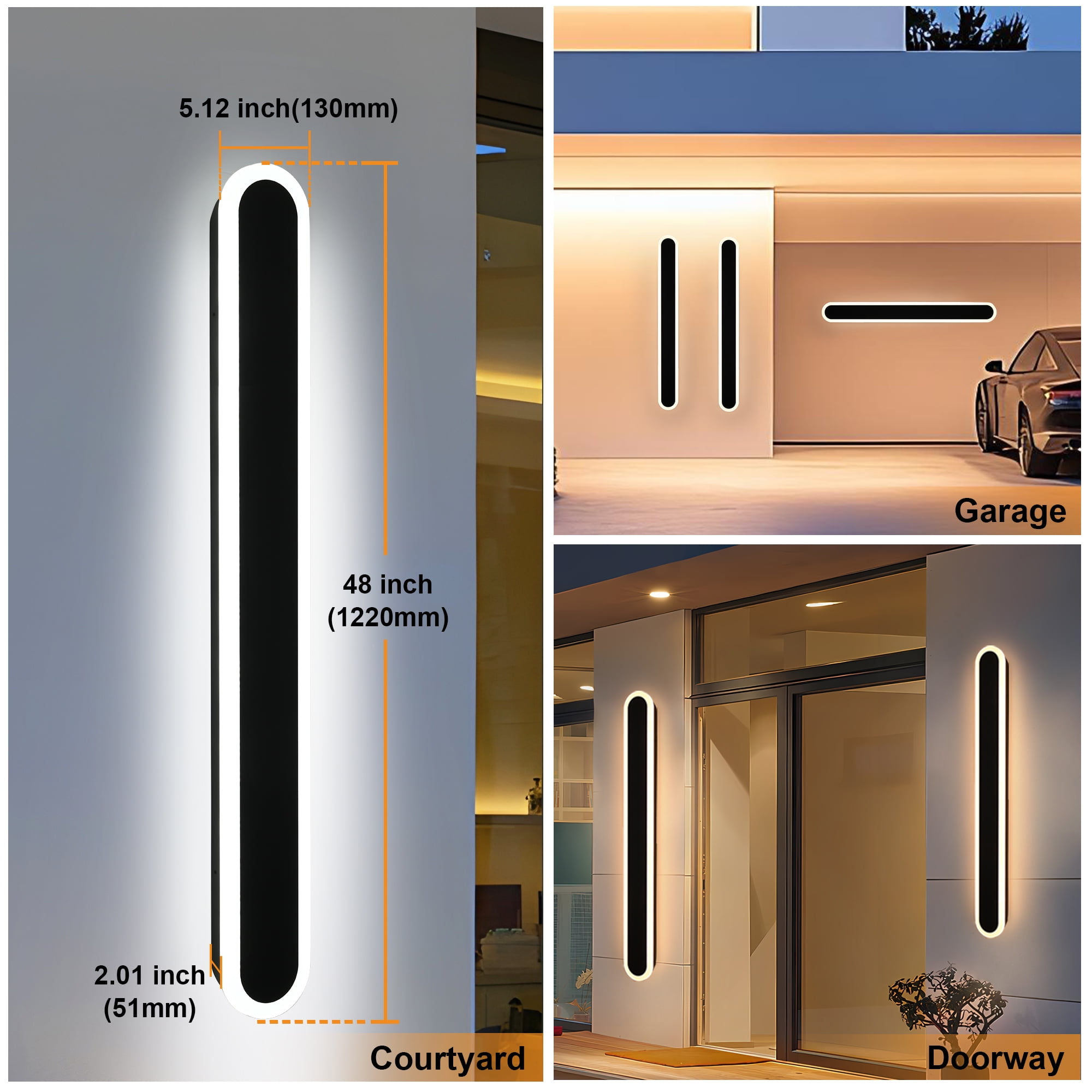 Melucee 2 Pack 48inch Long Oval Outdoor Modern LED Wall Light, 3000K-6000K Dimmable Outdoor Wall Sconces Waterproof Wall Mount Lighting Fixture Rectangular Black Wall Lights for Porch Garage