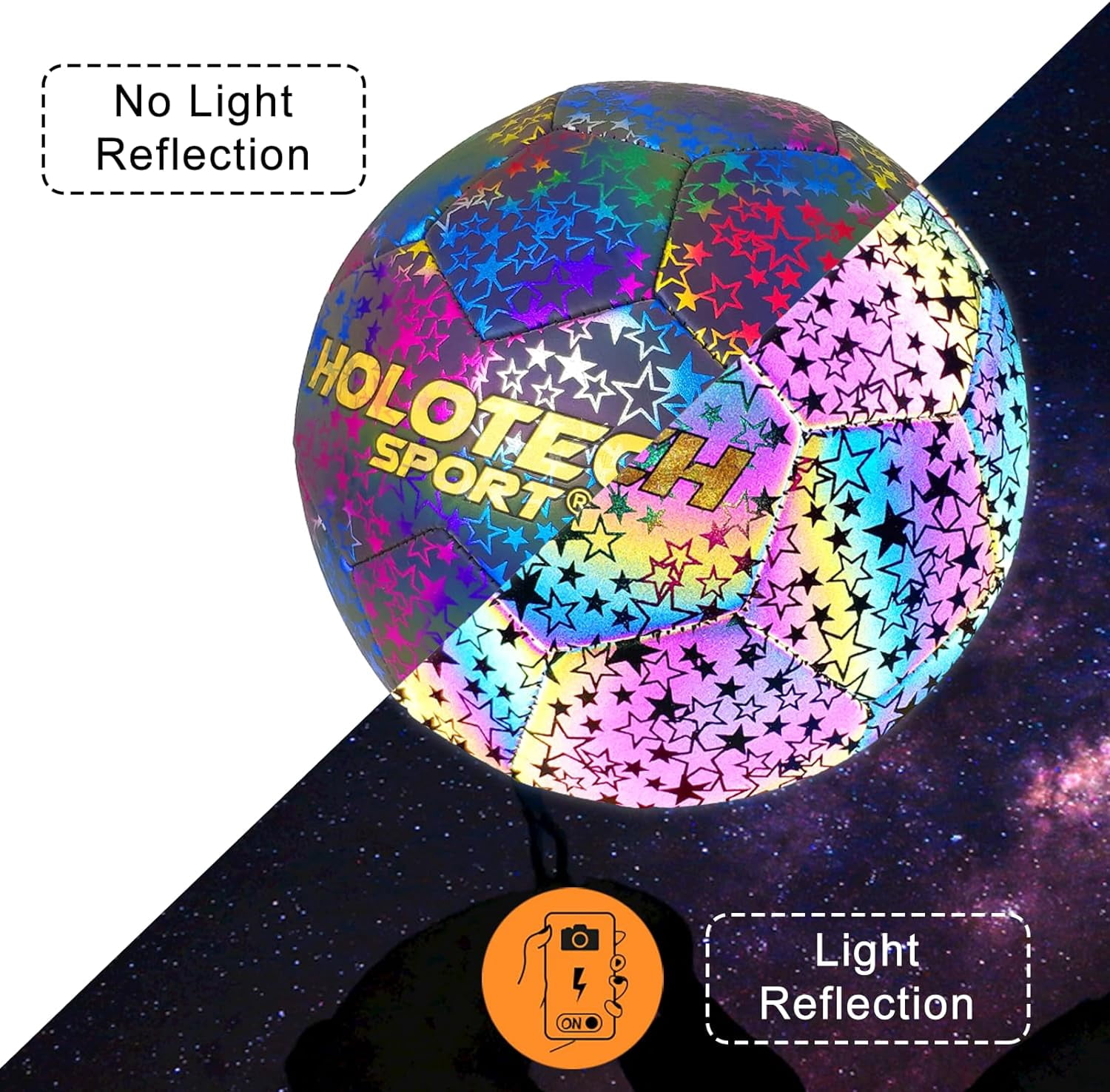 WTOPSBO Soccer Ball Size 4/5, Holographic Reflective Glowing Soccer Ball, Bright PU Leather Soccer Balls for Night Games,Training, Ideal Gifts for Soccer Fans with Pump