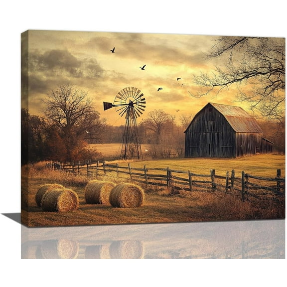 Aaheei Farmhouse Wall Art Rustic Old Barn Windmill Pictures Decor Country Sunset Canvas Prints Painting Modern Artwork for Home Bathroom Bedroom Living Room