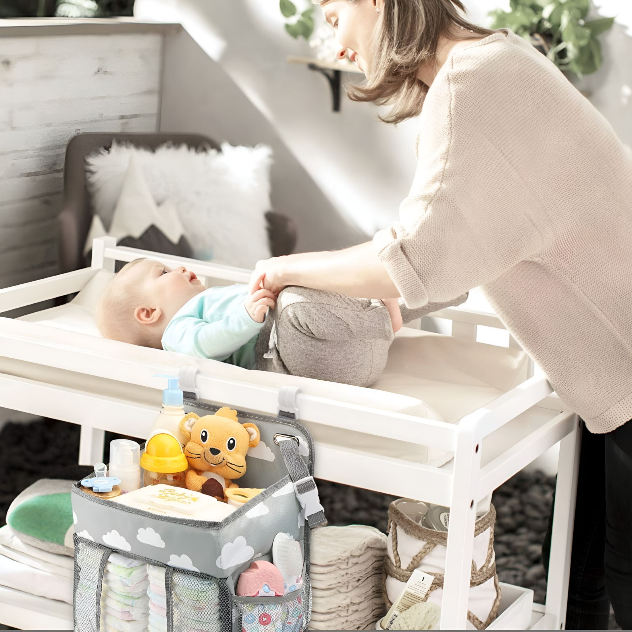 LAMIRO Hanging Diaper Caddy Organizer - Diaper Stacker for Changing Table, Crib, Playard or Wall & Nursery Organization Baby Shower Gifts for Newborn