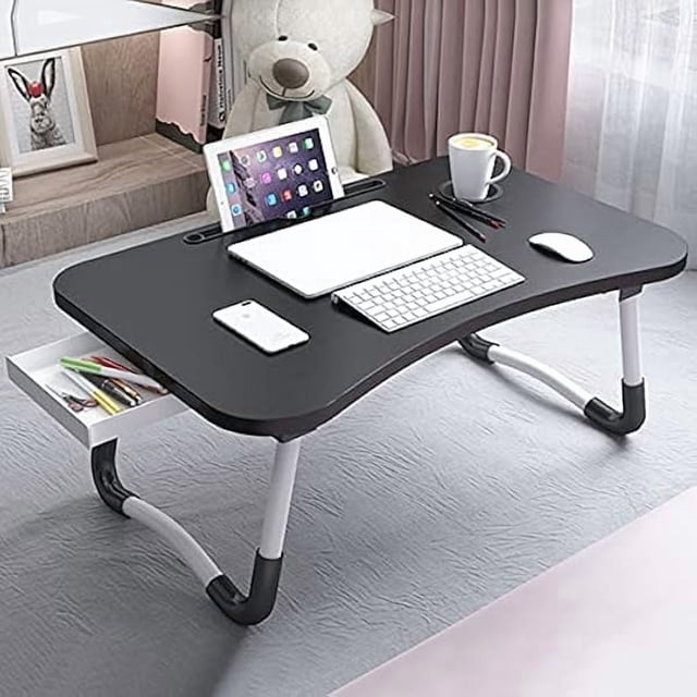mesa plegable portable con portavasos cajon almacenamiento escritorio ordenador soporte laptop bandeja cama mesa comer cama sofá trabajo lectura negro