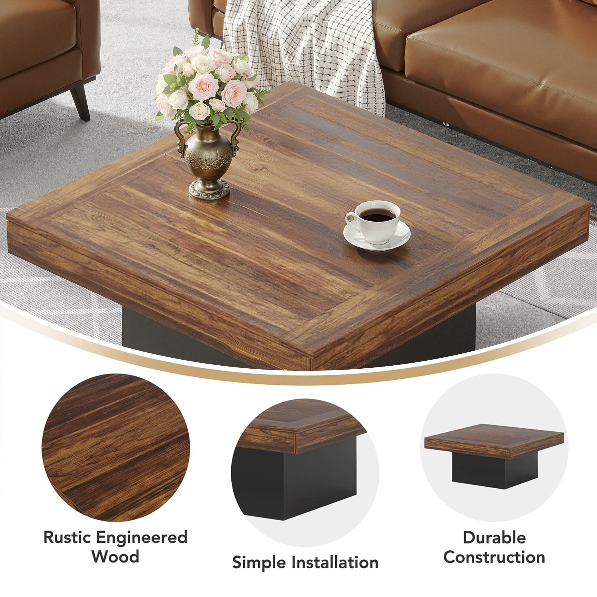 MAYEERTY Square LED Coffee Table 35.4", Rustic Industrial Living Room Table with Adjustable Light