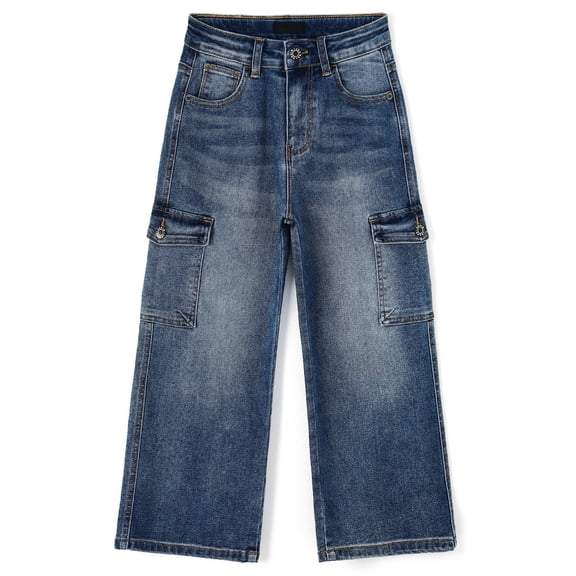 KIDSCOOL SPACE Girls Denim Cargo Pants 5-13Y, Wide Leg Jeans With Flap Pockets for Kids,Mid Blue,7-8 Years