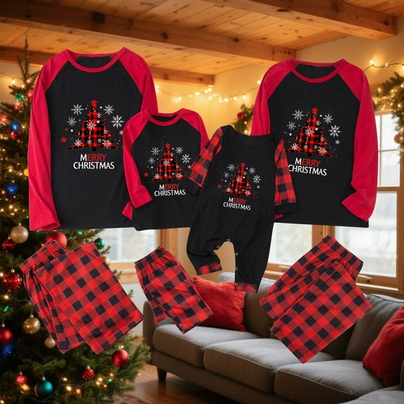 Yievot Family Christmas Pajamas Matching Sets PJ's Sleepwear Christmas Trees Printed Shirts and Plaid Pants Festival Party Sleepwear with Pockets