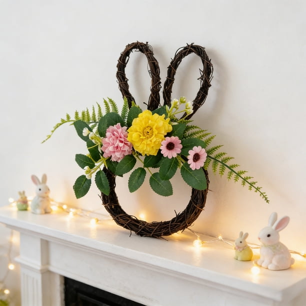 Decoración del hogar: Cuadro colgante, guirnalda, corona con forma de conejito de Pascua, adecuada para colgar en la puerta principal, escaparate o decoración general de Pascua/primavera. Incluye laz