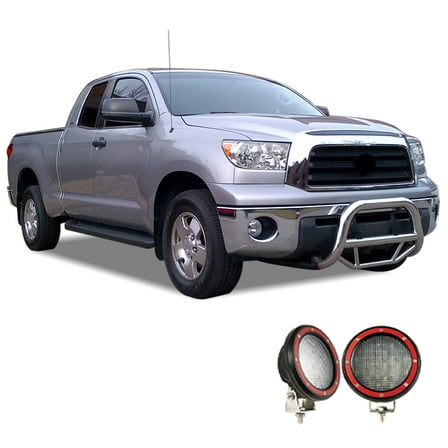 Black Horse Max Bull Bar Incl. pair of 5.3"Dia.LED Lights w/Red Trim Rings No skid plate Stainless Steel Compatible with 2007-2021-Toyota Tundra-MBS-TOD1009-PLFR