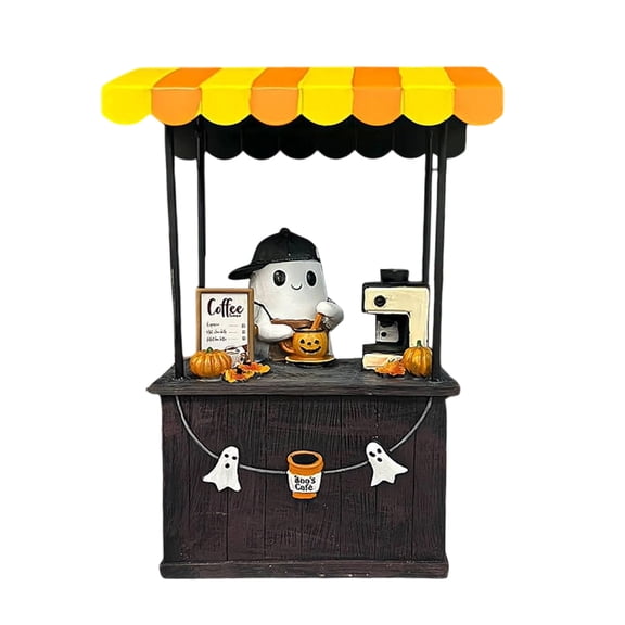 Halloween Spooky Little Coffee Stand Ghost Barista Statue, Halloween Decor Ghost Coffee Shop Figurine with Pumpkin & Awning, Vintage Shelf Mantel Home Table Decoration, Halloween Party & Birthday