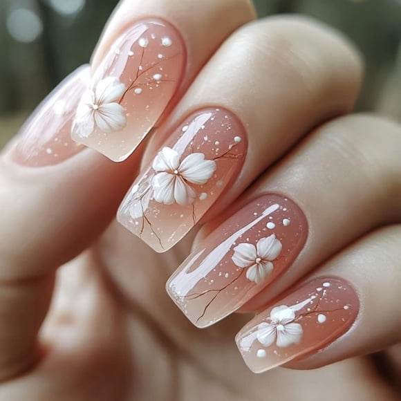 24Pcs Medium Coffin Fake Nails Ice Pink Flower French Tip Medium Press On Nails Coffin with Designs Full Cover Glossy False Nails,Acrylic Thick Glue on Nails, Stick on Nails For Women Daily Events W19