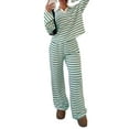 thumbnail image 4 of Women'S Striped 2 Piece Lounge Set Casual Long Sleeve T-Shirt Wide Leg Pants Matching Pajamas Set Green S, 4 of 9