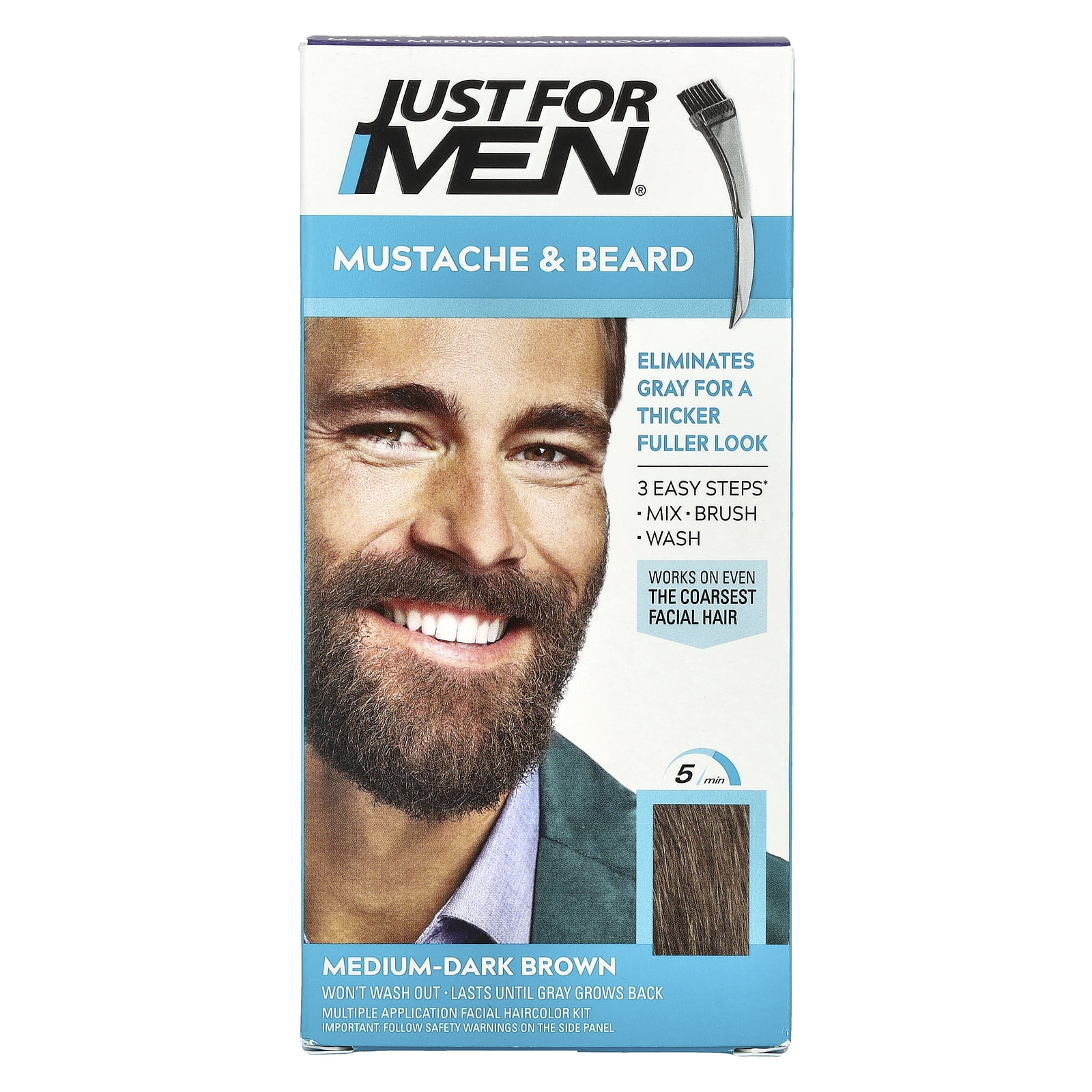Just For Men Mustache & Beard, Beard Coloring for Gray Hair with Brush, With Keratin Biotin Aloe and Coconut Oil for Healthy Facial Hair - Medium-Dark Brown, M-40, Pack of 1 (Packaging May Vary)