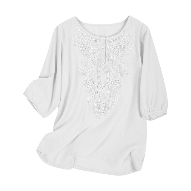 asddcavvf Blouse pour Femmes Été: Boho Vintage Coupe Ample Brodée Col Rond Coton Lin Femmes