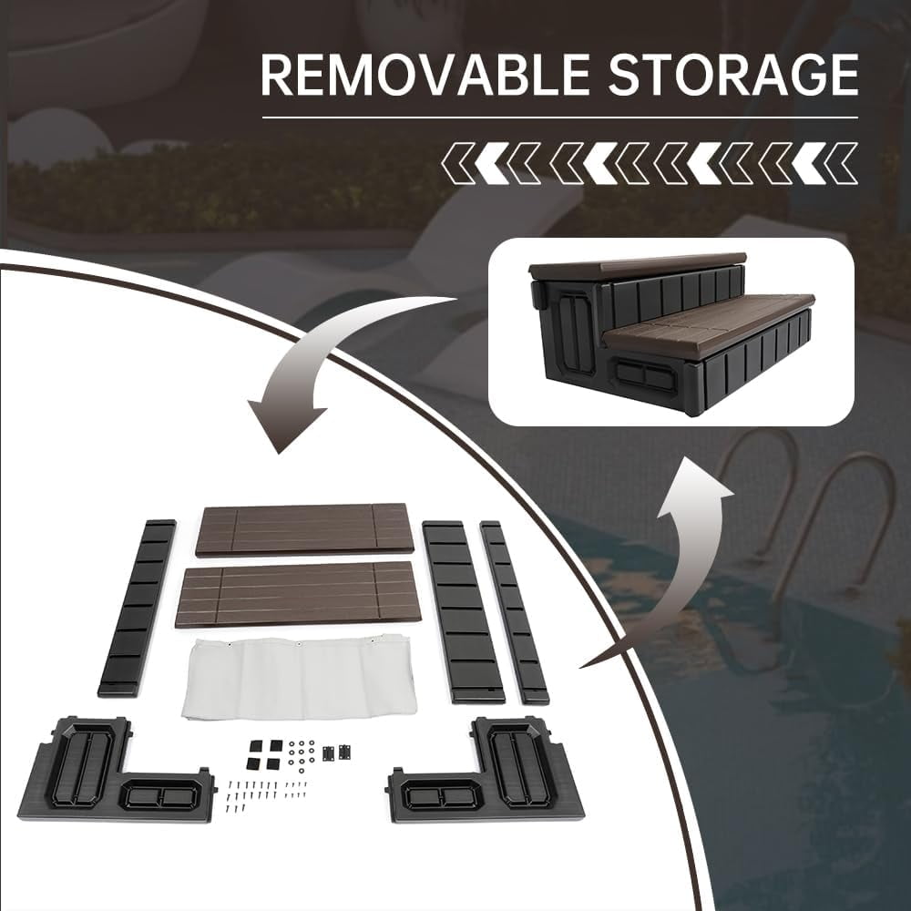 Universal Spa Hot Tub Step with Storage Outdoor Indoor Compartment Spa 2-Step Stool Pool Ladder Plastic Handi Step Slip Resistant Striped Brown+Black
