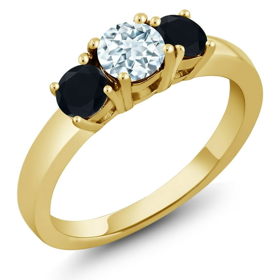Gem Stone King 0.94 Ct Round Sky Blue Aquamarine Black Onyx 18K Yellow Gold Plated Silver Ring (Size 7)