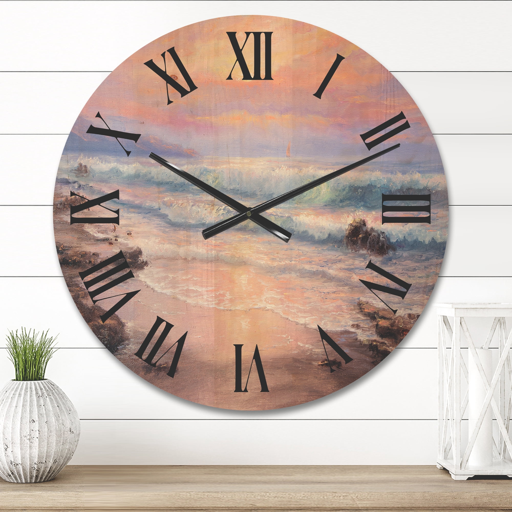 Designart 'Pastel Purple Sunset Glow Over Incoming Ocean I' Nautical & Coastal Wood Wall Clock