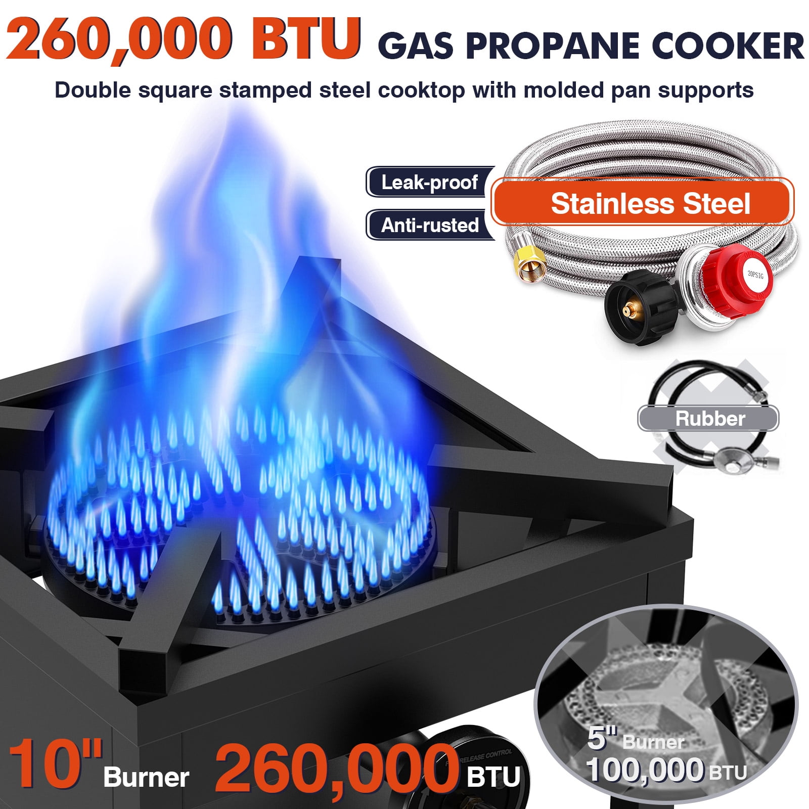 Frizi 1-Burner Propane Gas Outdoor Stove, 260000 BTU Camping Stove, 0-20 PSI Adjustable Regulator & Steel-Braided Hose