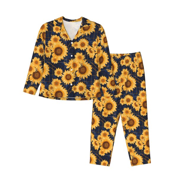 Balery Navy Blue Plaid Sunflower Conjunto de Pijama con Estampado para Mujer, Conjunto de Dos Piezas con Manga Larga, Ropa de Dormir Suave con Bolsillos, Pijamas Cómodos-Medium