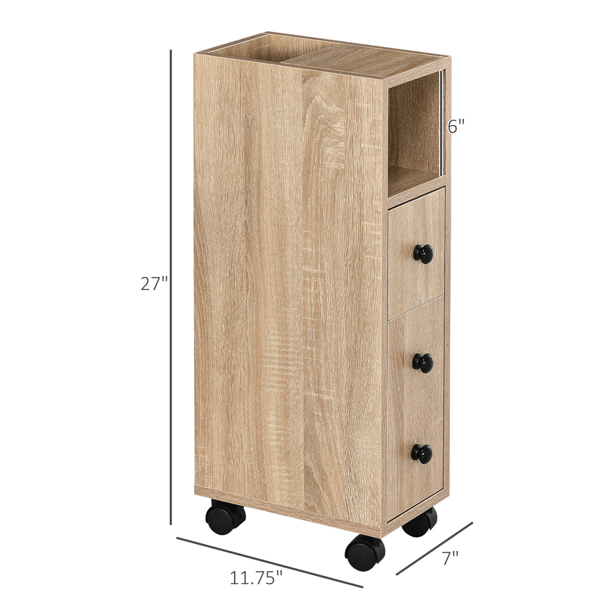 HOQBN Freestanding Compact Design Bathroom Cabinet with 2 Open Cabinets, 1 Door Cabinet, 1 Drawer and 4 Rolling Wheels, Oak