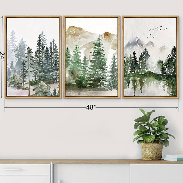 3 Pieces Wall Art Set Pastel Mountain Range Forest Mist Nature Wilderness Illustrations Modern Art Decorative Rustic No Frame