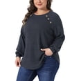 thumbnail image 4 of Agnes Orinda Women's Plus Size Tops Ribbed Knit Crew Neck Long Sleeve Casual Tunic Blouses with Button Decor 2X Gray Black, 4 of 5