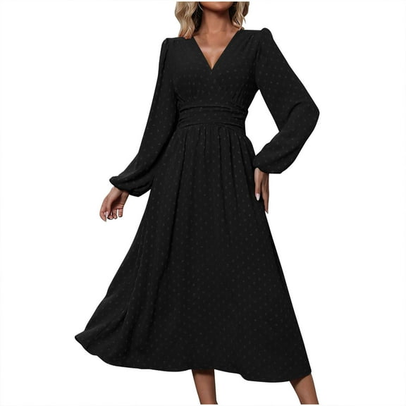 Wdfiry Dress for Women V Neck Tummy Control Long Sleeve Dress Fashionable Printing A-Line Pleated Midi Dresses