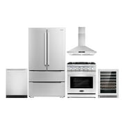 Cosmo 5 Piece Kitchen Appliance Package with 30" Freestanding Gas Range 30" Wall Mount 24" Built-in Fully Integrated Dishwasher French Door Refrigerator & 48 Bottle Wine Refrigerator