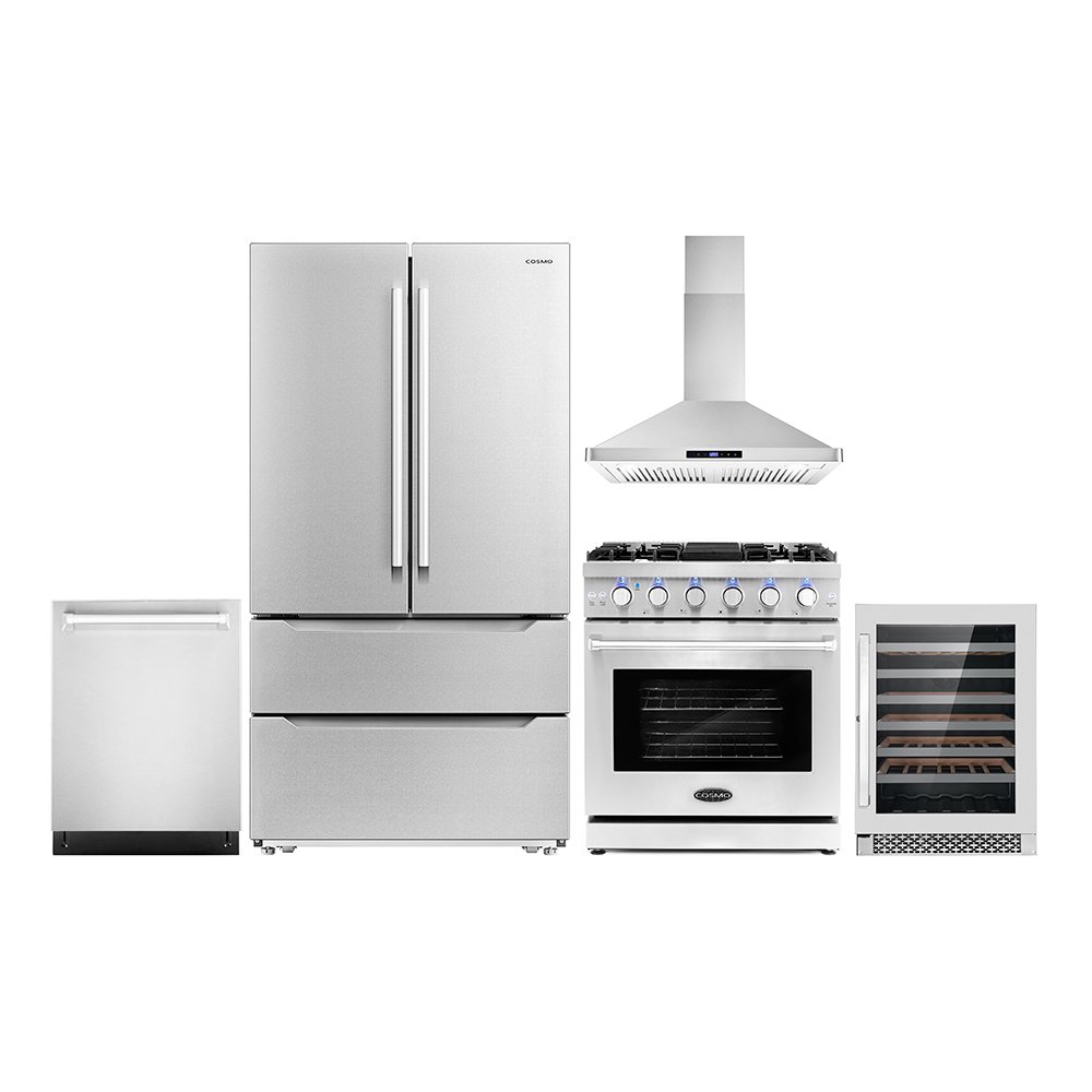Cosmo 5 Piece Kitchen Appliance Package with 30" Freestanding Gas Range 30" Wall Mount 24" Built-in Fully Integrated Dishwasher French Door Refrigerator & 48 Bottle Wine Refrigerator