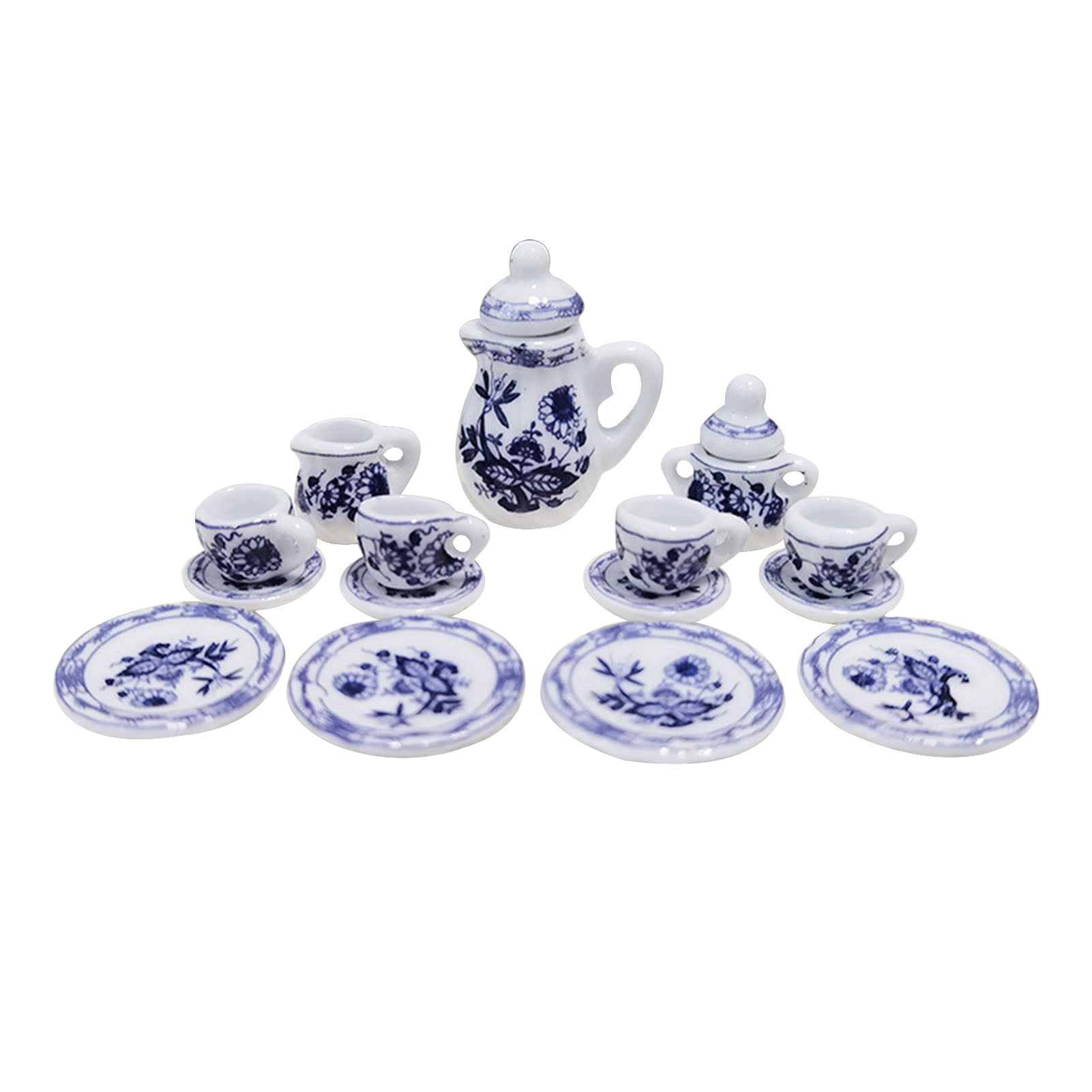 15pcs Dollhouse Miniature Dining Ware British Style Porcelain Tea Set Blue 