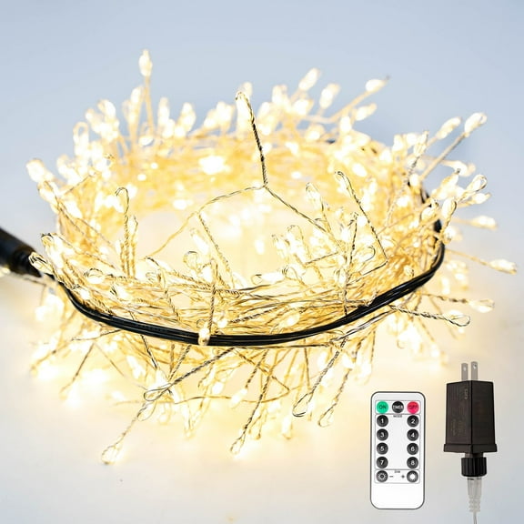 RESNICE Cluster Fairy Lights 33FT Firecracker String Lights 300 LED Warm White Plug in Indoor Silver Wire String Lights with Remote for Christmas Tree,Plant,Garden,Patio,Backyard