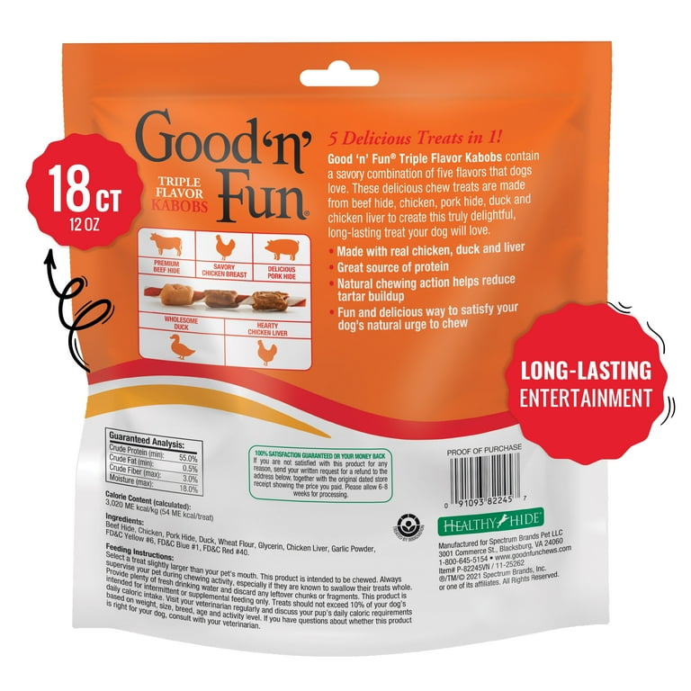 Good 'n' Fun Triple Flavor Kabobs, Rawhide Chews for All Dogs, 18 Count