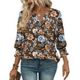 thumbnail image 4 of DeHolifer Womens T-Shirts Elegant Casual V-Neck Floral Printed 3/4 Length Sleeve Smocked Cuffs Dressy Blouse T-Shirts Brown L, 4 of 6