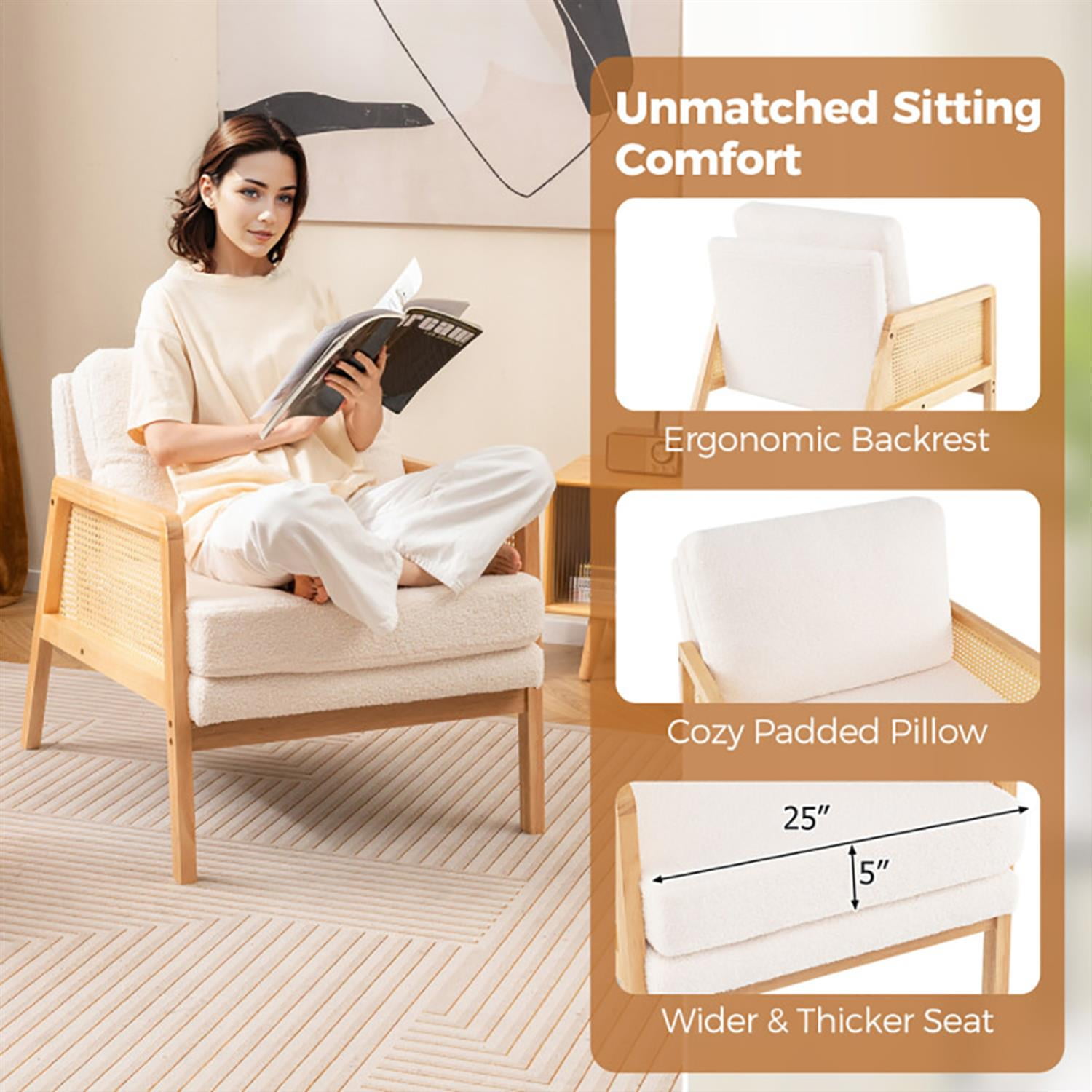 Demi Bonn Modern Accent Chair, Elegant Armchair with Rattan Arms and Cushion, Suitable for Living Room Bedroom Reception Room Office, Beige