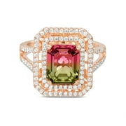 Inspired by You Emerald Cut Prong Set Simulated Watermelon Tourmaline and Round Cubic Zirconia Halo Cocktail Ring for Women in Rose Gold Plated 925 Sterling Silver