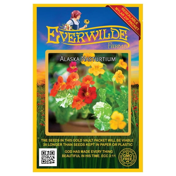 Everwilde Farms - 25 Alaska Mix Dwarf Nasturtium Wildflower Seeds - Gold Vault Seed Packet