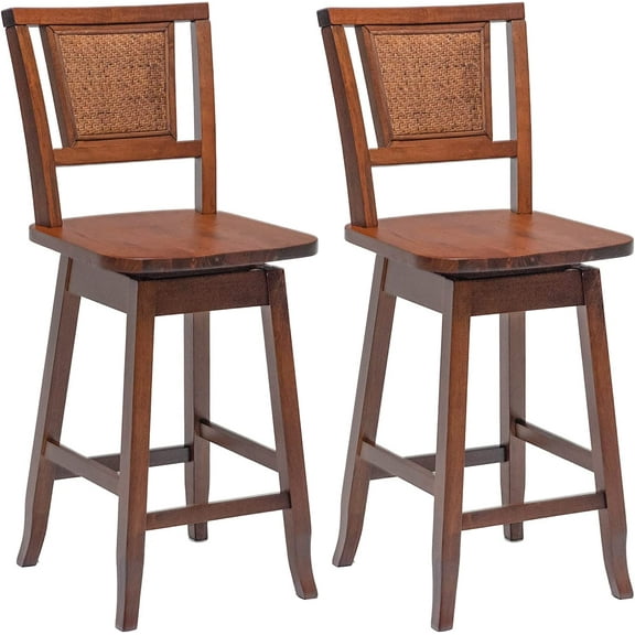 Bar Stools Set of 2, 24.5 Inch Counter Height Bar Stool with Rattan Back, 360°Swivel Seat, Comfortable Footrests, Rubber Wood Bar Stools for Kitchen Island, Dining Room, Cafe, Pub (2)