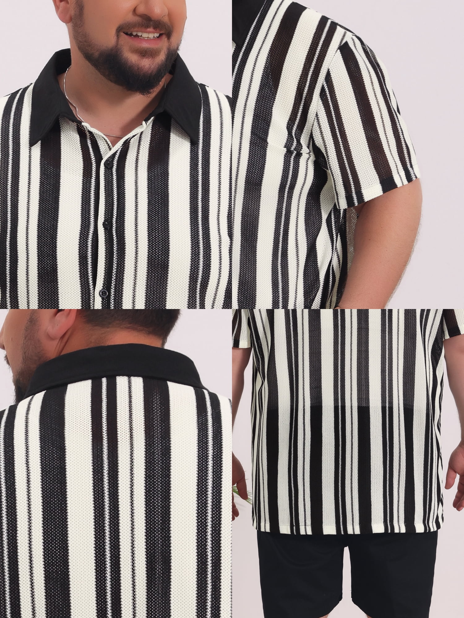 DARING DIVA Men's Big Tall Colorblock Striped Short Sleeve Button-Down Shirt 2XL Black