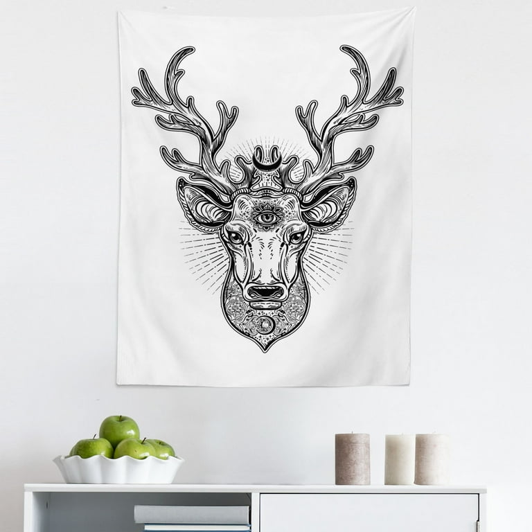 Elk Tapestry Ornate Deer Head with Crescent Moon in His Antlers Hand Drawn Vintage Art Fabric Wall Hanging Decor for Bedroom Living Room Dorm 5