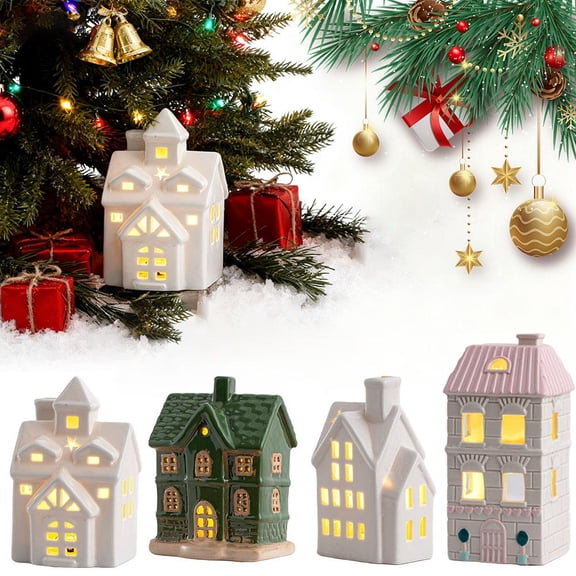 HAVELOR Ceramic Christmas Village House, 2.75 to 6.49 inch LED Lit Decor, Create a Miniature Holiday Town Display(8,1pcs)