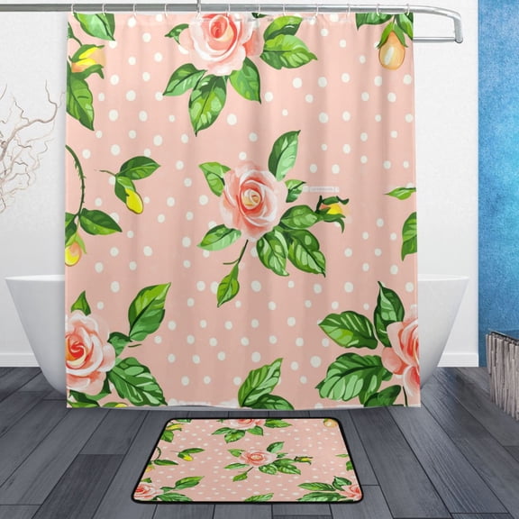 Bath Curtain & Non-Slip Bath Mat Set 12-Grommet Shower Curtain Memory Foam Bath Rug Pattern Featuring A Rose Fower