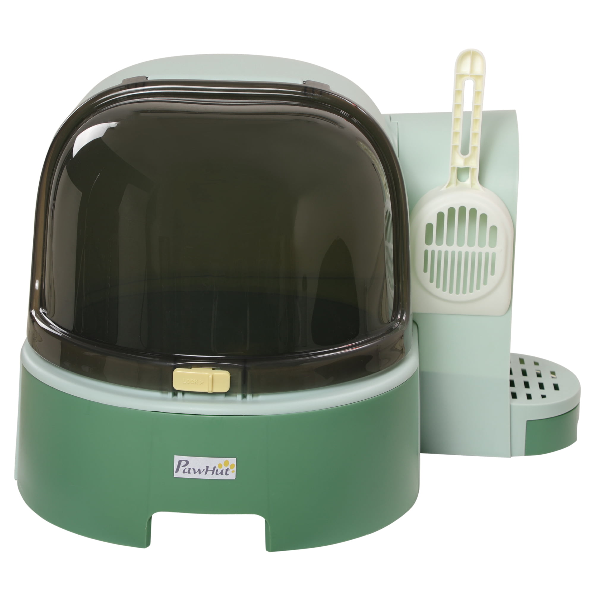 Covered Cat Litter Box with Lid Space Capsule Design Openable Front Cover Litter Scoop Included Easy to Clean Anti-Tracking Private Odor-Locking Litter Box Green