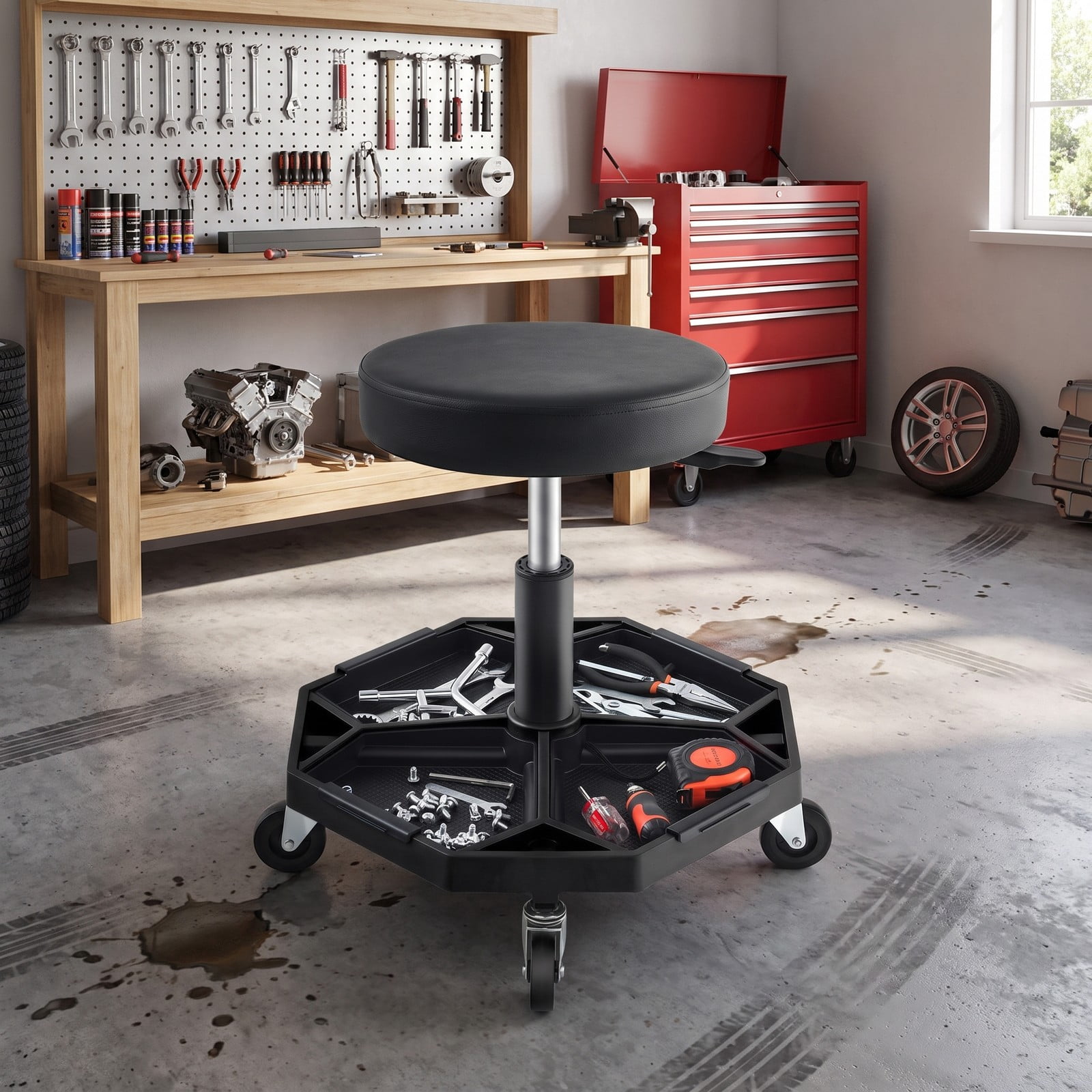 Biotree Pneumatic Rolling Mechanic Stool with Padded Seat, 330 LBS Capacity Height Adjustable Swivel Garage Shop Work Chair with Tool Tray and 4 Casters, Black