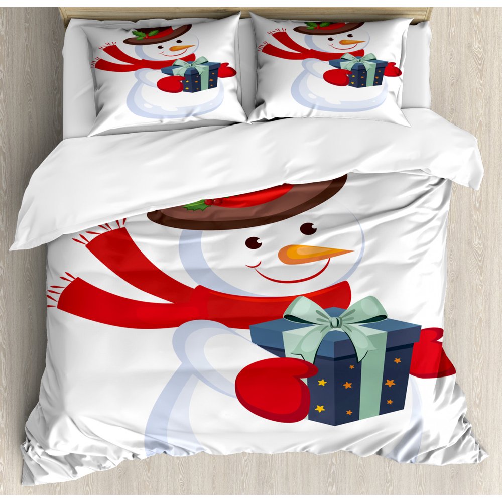 Snowman Duvet Cover Set King Size, Pattern of a Merry Christmas Themed