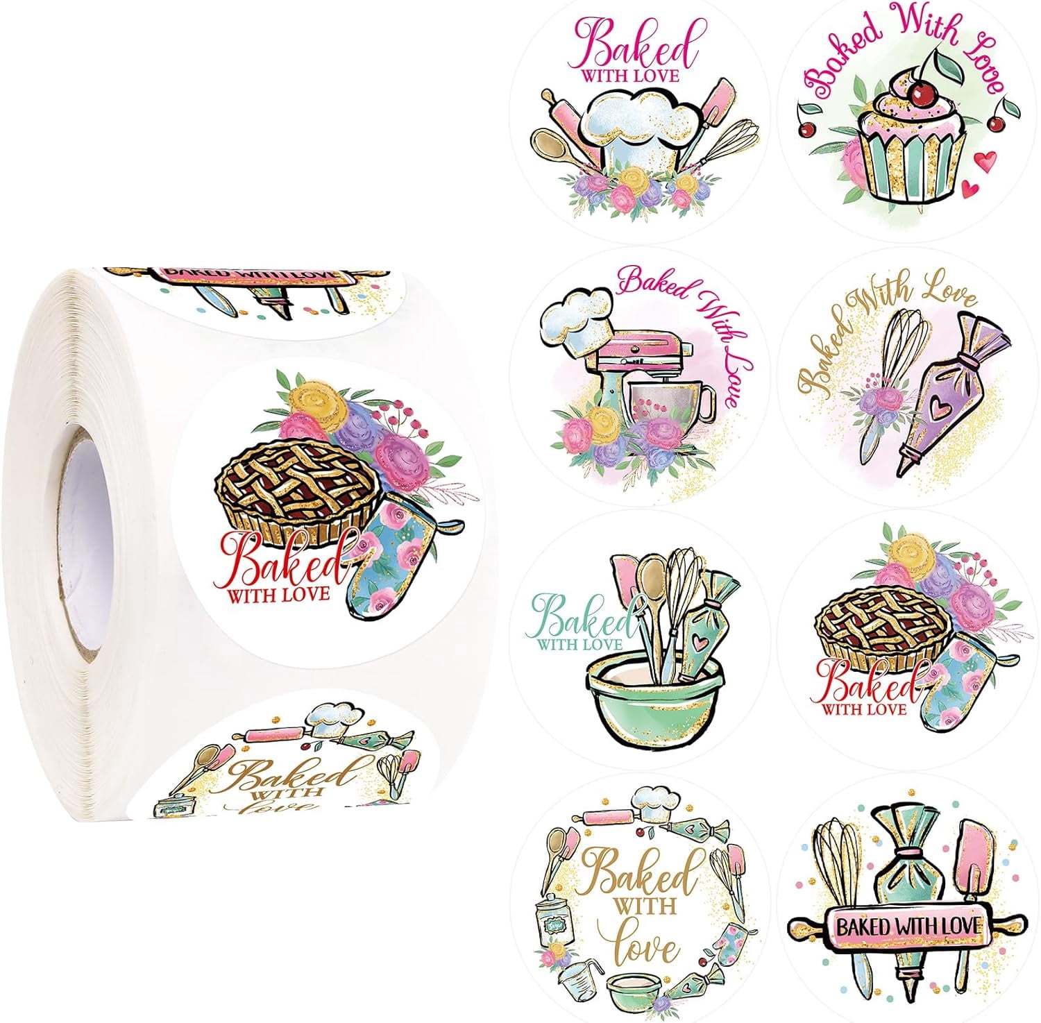 Baked with Love Stickers Floral Homemade Stickers for Packing and Wrapping Labels Business Birthday Wedding Party Supplies