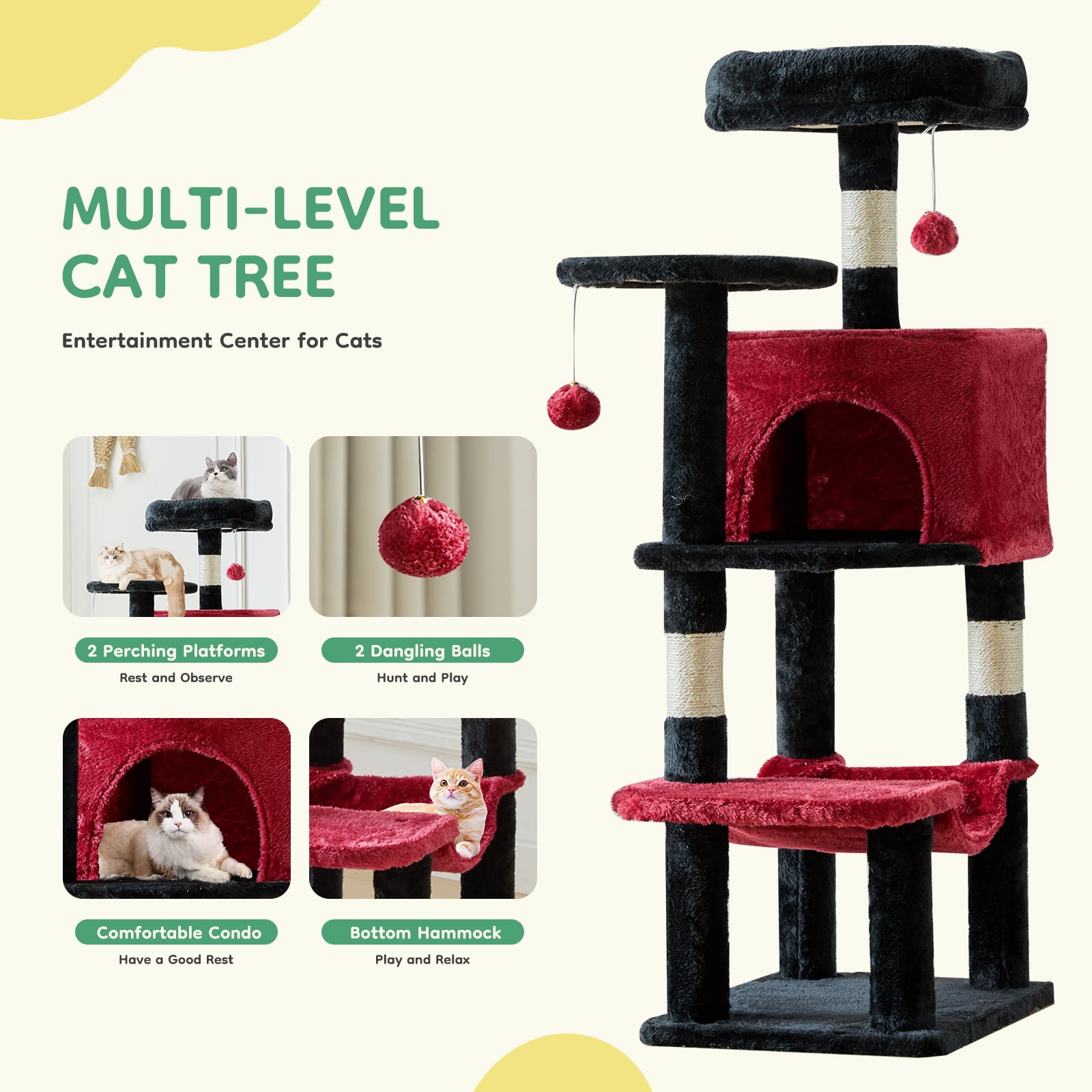 JIOABL 44" Multi-Level Cat Tree Tower with Hammock, Condo, Climbing Plates, Plush Toy, Kitty Playing House, Black Red